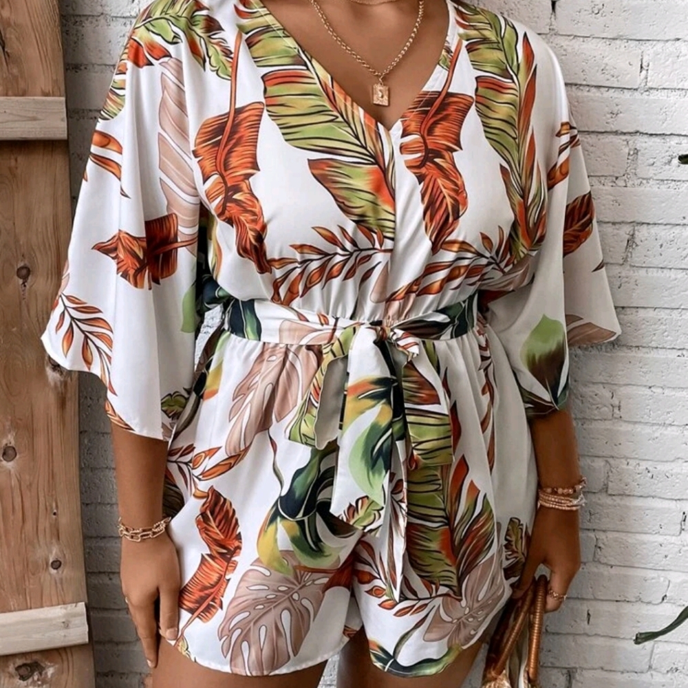 Plus Tropical Print Belted Romper